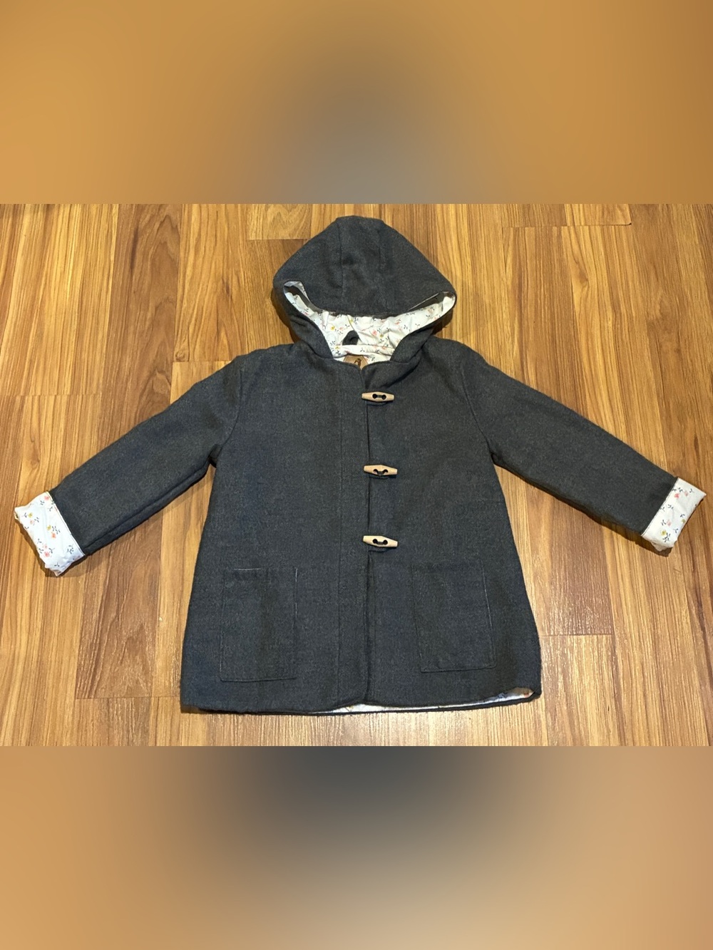 Tate & Adele Handmade Recycled Wool Noa Pea Coat - Size 5T - Dark Grey / Floral